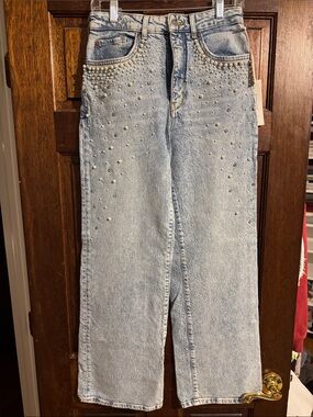 Pilcro Light Blue Straight Leg Jeans with Pearl Studs